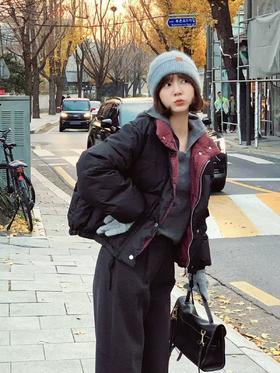 [特价]韩系格子撞色羽绒服 竖领设计款 90白鸭绒羽绒服 黑色/暗绿色/米白色2510023