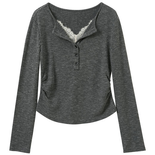 三彩2026春季新款假两件T恤蕾丝拼接长袖上衣修身短款显瘦S 商品图4