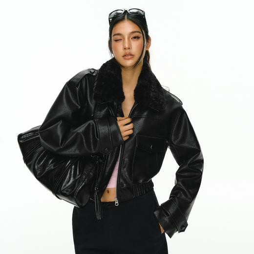 Ariseism 黑色可拆卸毛领短款皮衣夹棉棉服外套女冬季新款棉衣 商品图1