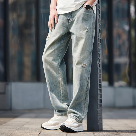 GXG男装秋季时尚潮流破洞款男士百搭牛仔休闲直筒长裤K&C 商品图1