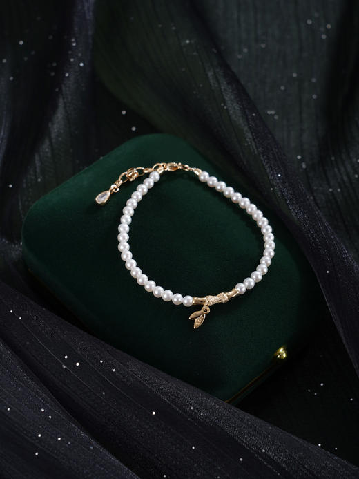 子佩集【筠心雅颂】银S925珍珠惜王妃手链【MLSL004】3mm珠镀金竹叶2601 商品图4