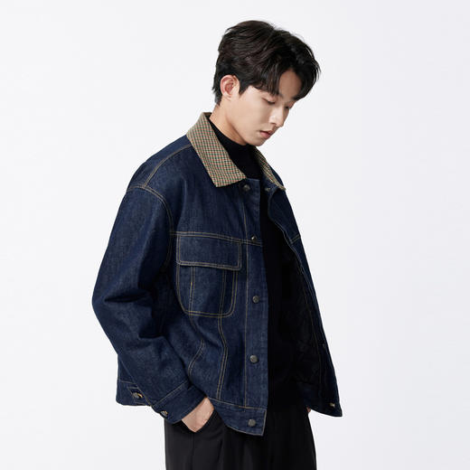 GXG男装【格纹领口】秋季时尚撞色拼接水洗牛仔休闲男式夹克K&C 商品图1