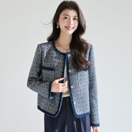 「高货sh」全新升级【铂金会员321/天猫429/差价108】(04816)洛诗琳2026春季气质粗花呢细闪亮片撞色毛须边小香风外套 商品图1