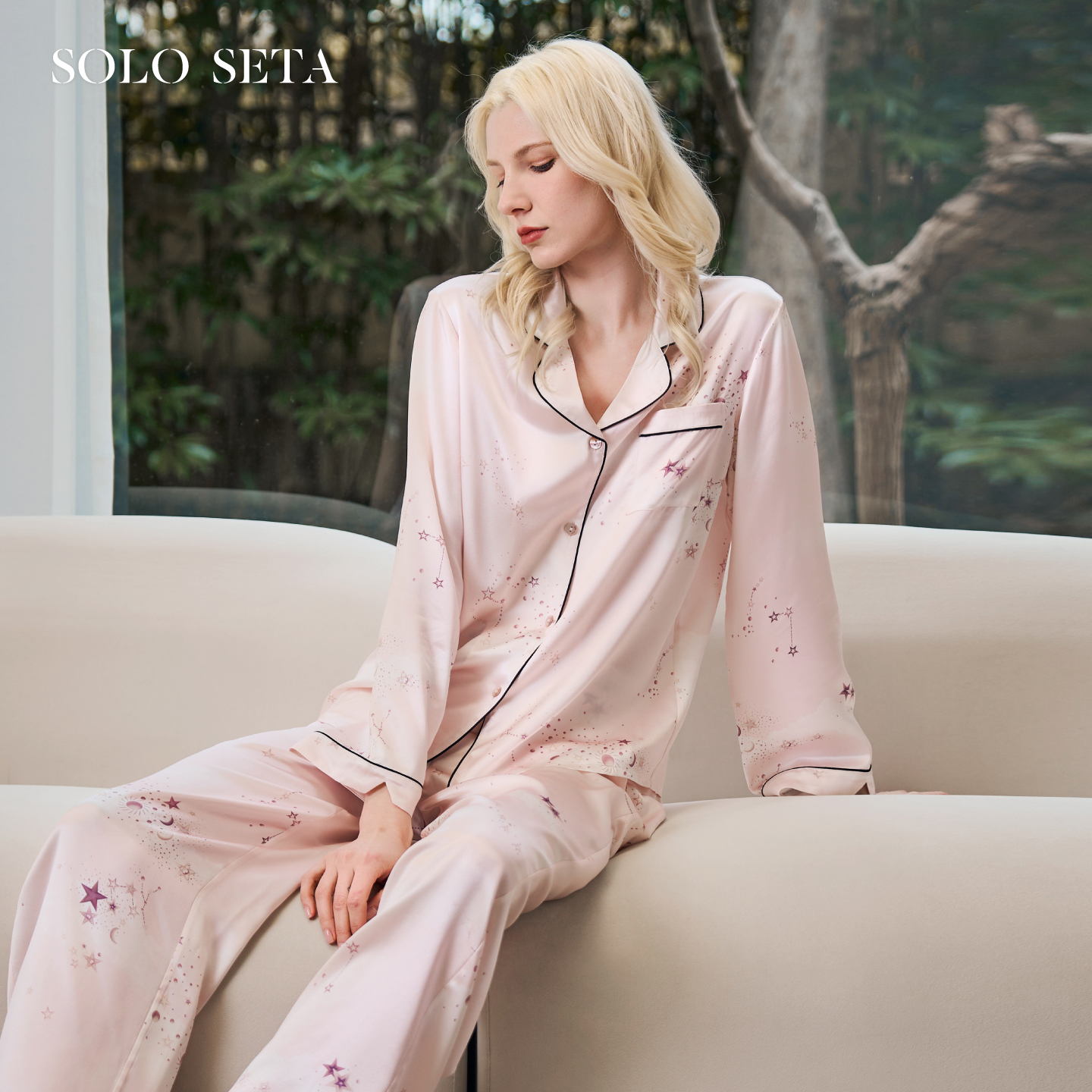 Solo seta22姆米女士真丝睡衣套装粉色印花桑蚕丝家居服2026春夏