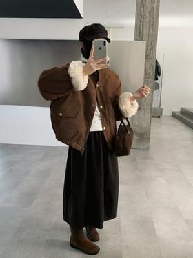 [特价]韩系灯芯绒翻领皮毛一体外套  焦糖色 2510060