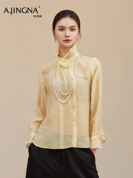 【莫兰迪色系】阿菁娜冬季新款轻圣诞法式衬衫莫兰迪粉色与黄系温柔优雅立领翻折两穿设计F30D209002 商品图3