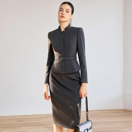 IWY/高级感灰色职场穿搭立领收腰西装套装女修身商务正装职业装J26CS271 商品图3