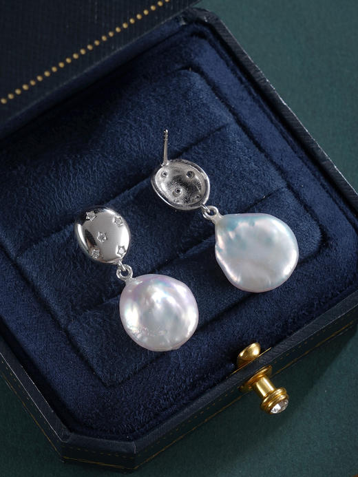 子佩集【凡星女神】银S925珍珠惜王妃耳钉【EM3043-XF】14-16mm珠巴洛克扁珠印记五角星2601 商品图3