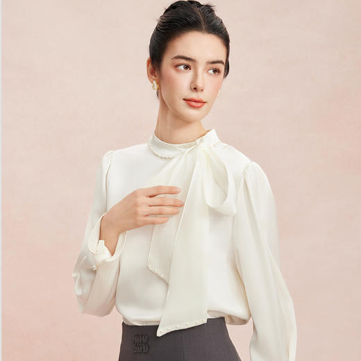 RE253斯尔丽2026春季新款光泽感高级感飘带长袖职业通勤优雅纯色衬衫 商品图9