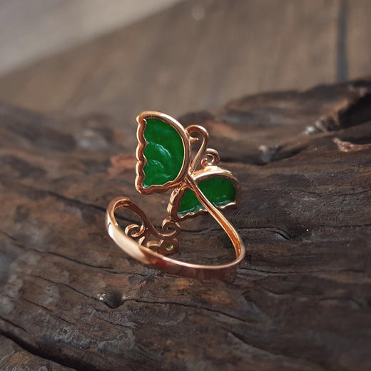 【天然正品】A货翡翠AU750玫瑰金镶天然细腻设计师款满绿冰种蝴蝶造型翡翠开口戒指16号（开口戒）251225TJ30 商品图5