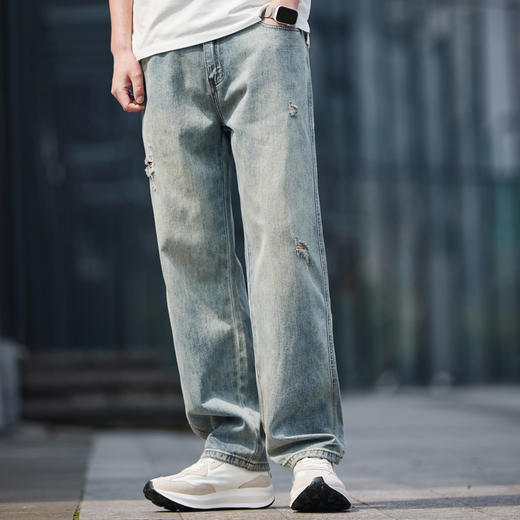 GXG男装秋季时尚潮流破洞款男士百搭牛仔休闲直筒长裤K&C 商品图3