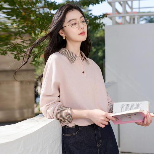 三彩2026春季新款休闲卫衣条纹拼接翻领套头衫宽松简约上衣S 商品图2