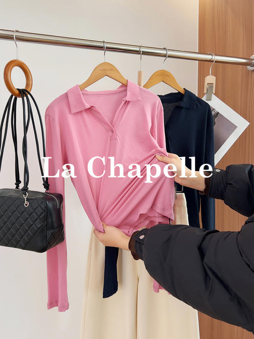 专柜实拍【高弹polo衫】拉夏贝尔/La Chapelle极简通勤！100棉弹力翻领V领打底T恤 商品图7