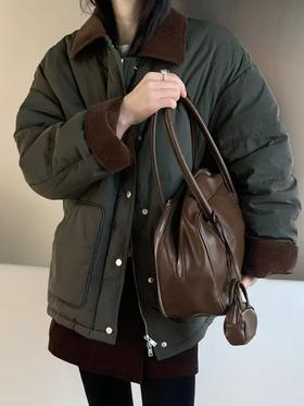 [特价]韩系灯芯绒翻领设计感羽绒服 90白鸭绒 绿色/卡其色2510052