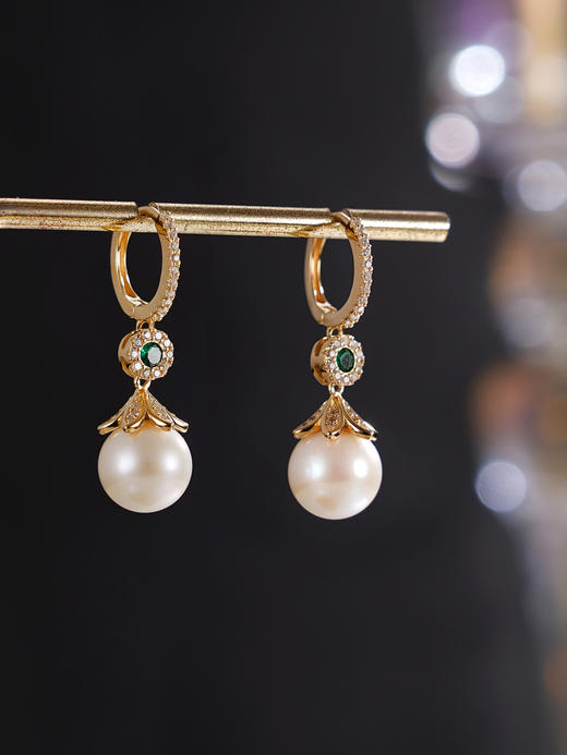 子佩集【缪斯华章】银S925珍珠惜王妃耳环【YE0966】9mm珠绿镀金圆圈扣环2601 商品图3