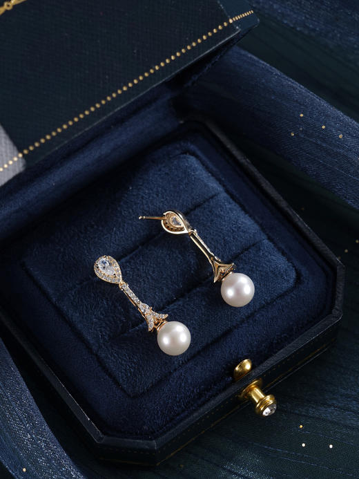 子佩集【闪亮轨迹】银S925珍珠惜王妃耳钉【E4053】7.5mm珠双色水滴吊球2601 商品图4