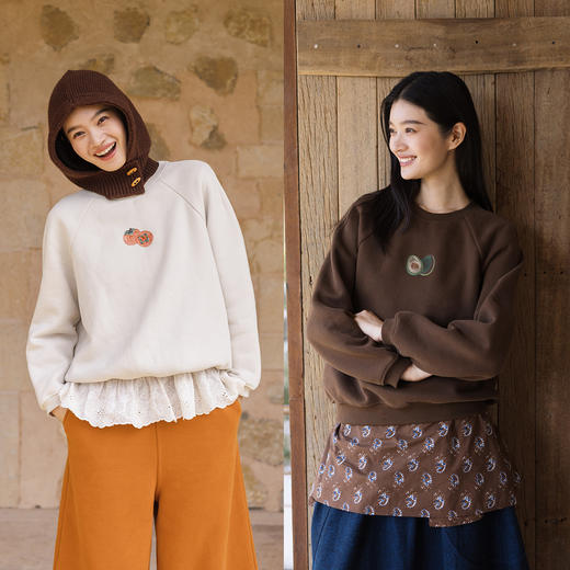 特绽放742朵/吉祥话卫衣·水果绣花加绒加厚棉混纺圆领长袖卫衣女 商品图0