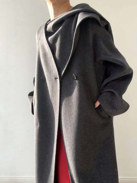 YANYI CHANG｜92860401 可脱卸围巾极简羊毛羊绒长大衣 [ 烟墨花灰 ] 商品图1