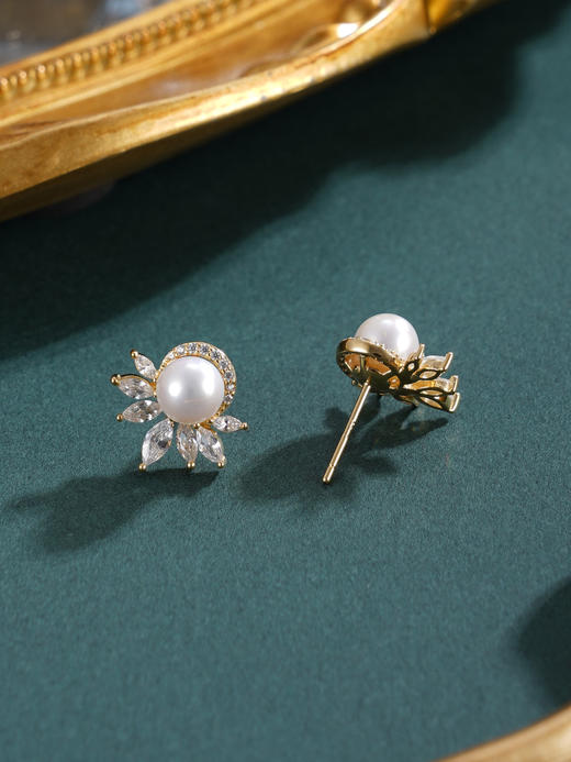 子佩集【花涧寻梦】银S925珍珠惜王妃耳钉【E4038】6mm珠镀金半花星芒2601 商品图5