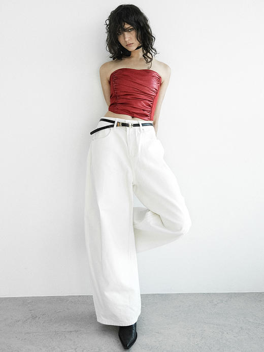 TR她热 热辣催化剂 红色PU抽褶弹力显瘦性感皮修身抹胸上衣 商品图3