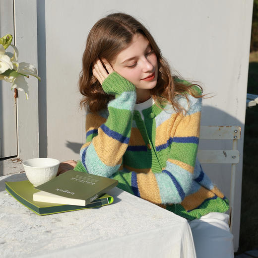 三彩2026春季新款渐变段染条纹针织衫圆领毛衫短款开衫宽松M 商品图2