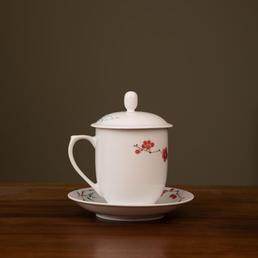 【景德镇陶瓷茶具】 翠竹红梅办公茶杯  一杯一碟  480ml 商品图1