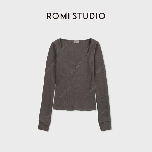 ROMI STUDIO复古针织华夫格高弹深v亨利衫打底上衣RWDSSY1563 商品图1