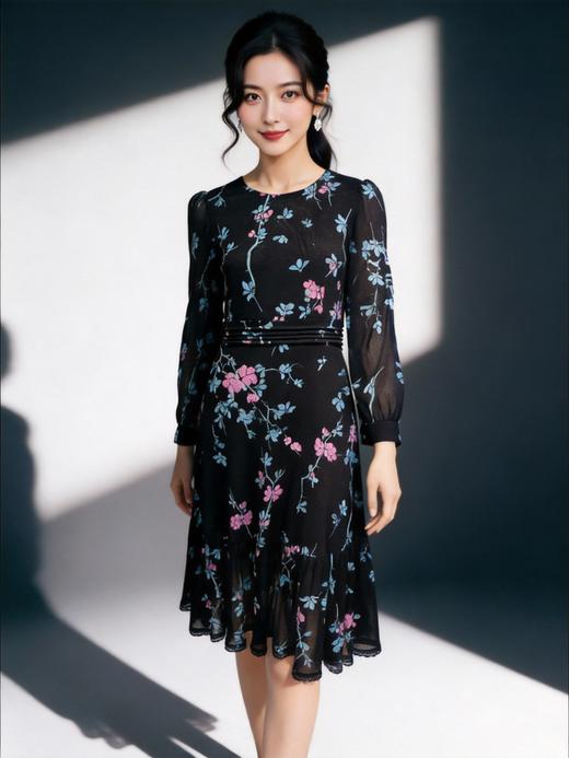 伯妮斯茵 | 复古浪漫 水墨花枝印花连衣裙 圆领泡泡袖 蕾丝花边下摆 气质宴会款  SZ3S27 商品图0