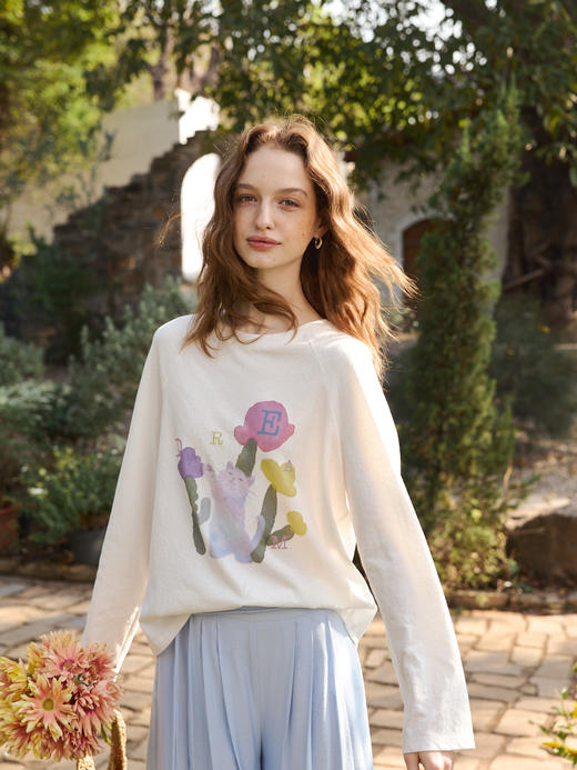 OLrain欧芮儿2026春白色宽松慵懒长袖印花T恤 商品图5