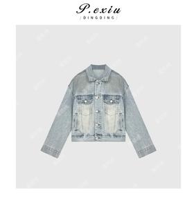 04-2潘依绣丁丁宠粉夏季新款圆领复古韩版短款夹克上衣牛仔外套W5542