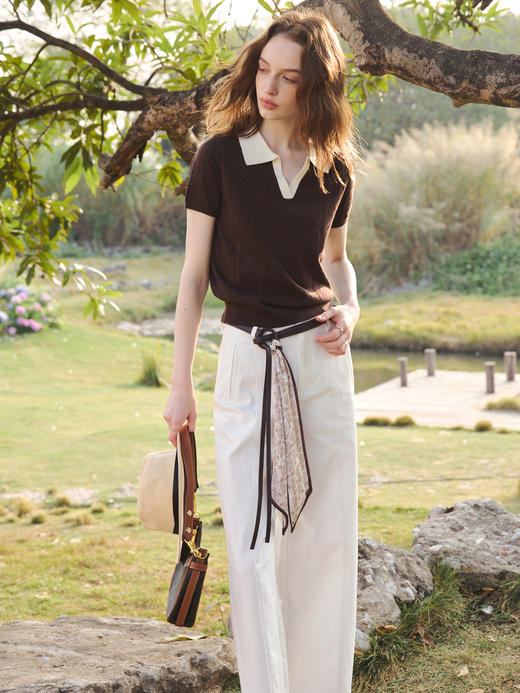 OLrain欧芮儿2026咖色T恤薄套头短袖小翻领针织上衣合身 商品图2