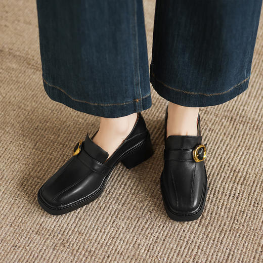 阿么手工女鞋纯色粗跟春季乐福鞋洋气一脚蹬软底真皮方头单鞋6CM 商品图2