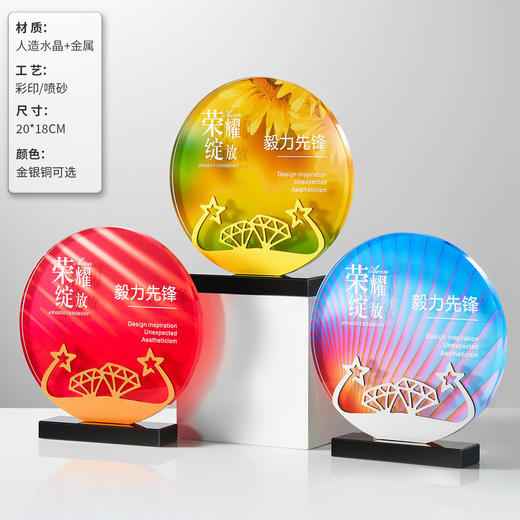 高档炫彩水晶奖杯定制创意圆形金属奖牌刻字纪念品企业年会颁奖杯 商品图2