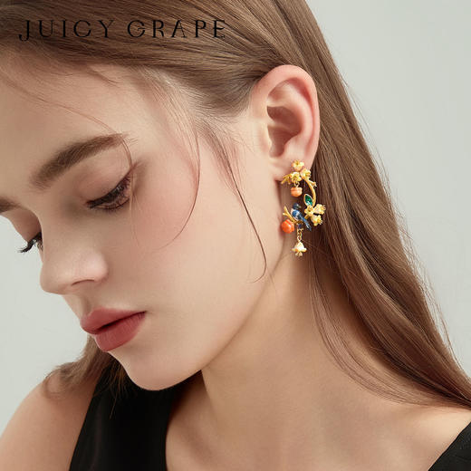 Juicy Grape首饰套装轻奢小众珐琅项链手链耳环戒指新年生日礼物 雀柿呈祥-喜事连连耳环 商品图1