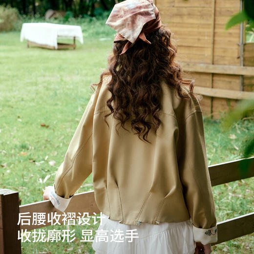 卡其色翻边袖口撞色刺绣短款开衫外套女春季文艺复古宽松夹克上衣 商品图2