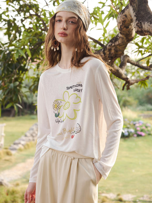 OLrain欧芮儿2026新款T恤白色长袖宽松透气休闲上衣 商品图1