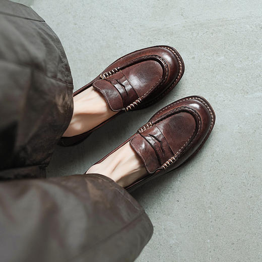 【阿么古纹马皮鞋】复古手工一脚蹬乐福鞋女超软透气百搭小皮鞋2CM 商品图4