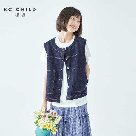 预售4.4发 棵初26年春季新款亲子中大女童不落色牛仔马甲经典大口袋宽松上衣 商品图0
