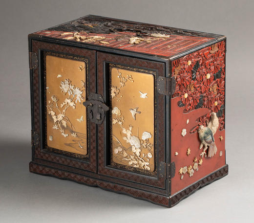 独角鹿西洋古董19世纪日本明治时期出品金漆莳绘装饰东方花鸟主题芝山镶嵌红地漆木精雕箪笥 商品图2