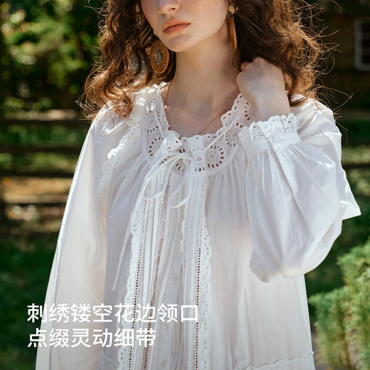 法式刺绣镂空花边领系带长袖连衣裙女春季休闲宽松显瘦白色长裙 商品图0