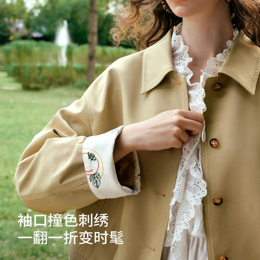 卡其色翻边袖口撞色刺绣短款开衫外套女春季文艺复古宽松夹克上衣 商品图1