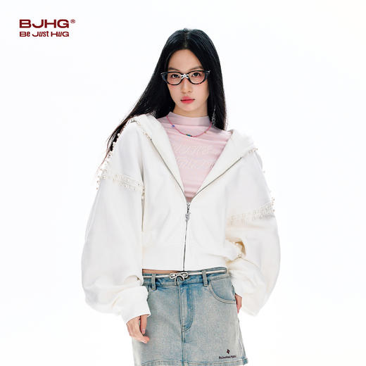 FTT FlyTheTruth 珍珠花边卫衣女春季纯棉收腰上衣连帽休闲短外套 商品图3