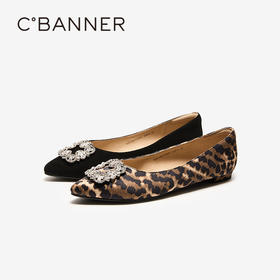 【上新】千百度复古水钻方扣低跟豹纹浅口单鞋女2026春季新款晚晚风平底鞋A26108171
