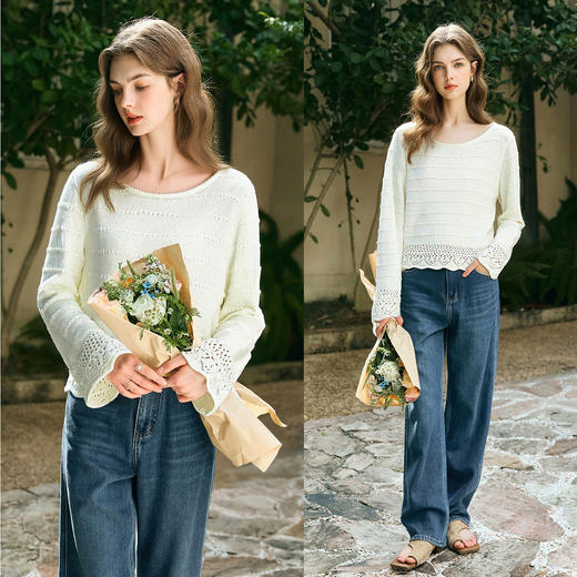OLrain欧芮儿法式度假风镂空圆领针织衫2026新款女春季长袖套头衫 商品图2