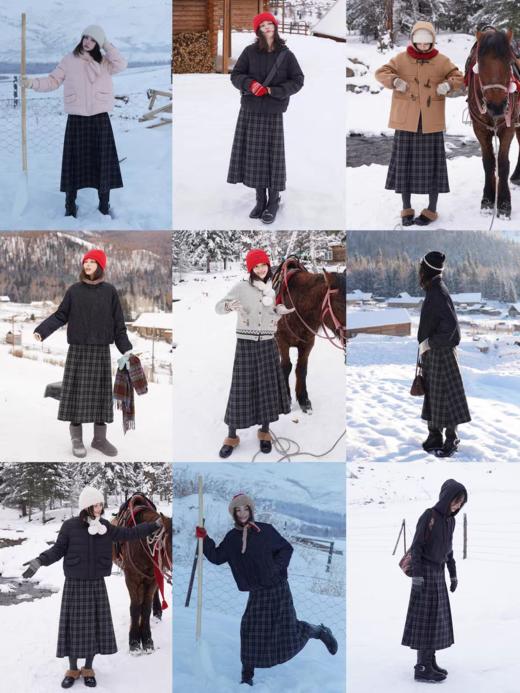 浮生八记/25D287/羊毛呢咖色灰蓝格纹手工捏褶打条百褶长半裙 商品图4