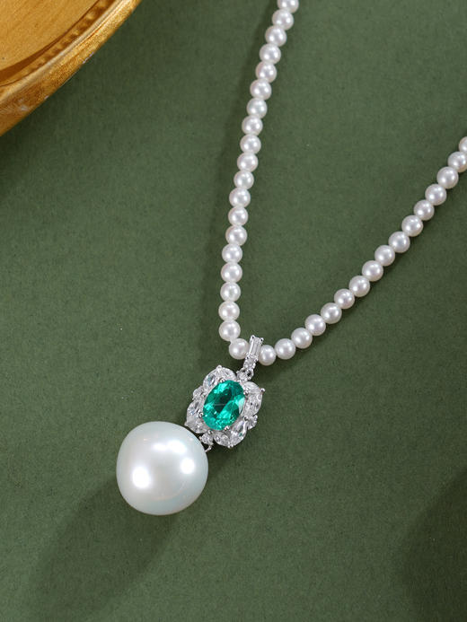子佩集【碧落星语】银S925珍珠惜王妃项链【ZZXL037】2.8mm小珠12mm大珠绿椭圆方块2601 商品图3