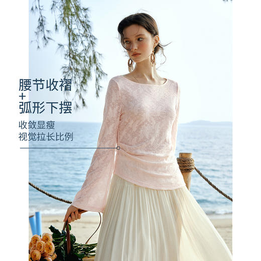 欧芮儿2026春新款法式粉色喇叭袖蕾丝衫女优雅浪漫长袖一字领上衣 商品图0