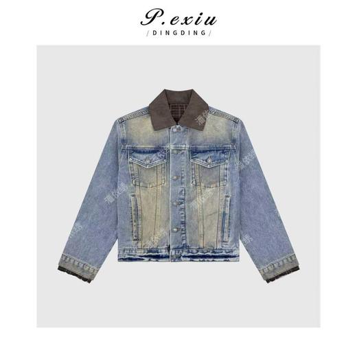 04-6潘依绣丁丁宠粉复古撞色袖口格纹翻领长袖牛仔外套Q21641 商品图0