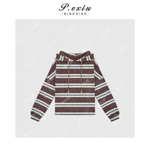 04-2潘依绣丁丁宠粉【复古浪潮】撞色条纹连帽抽绳长袖卫衣W-62576 商品图1