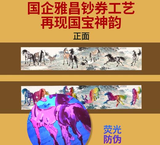 《徐悲鸿十骏图》钞卷版，采用特种防伪纸与荧光工艺，每套均含收藏证书与监制证书，专属8888狮子号，限量仅20000套 商品图1